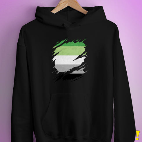 Aromantic Pride Flag Ripped Reveal Hoodie - Black